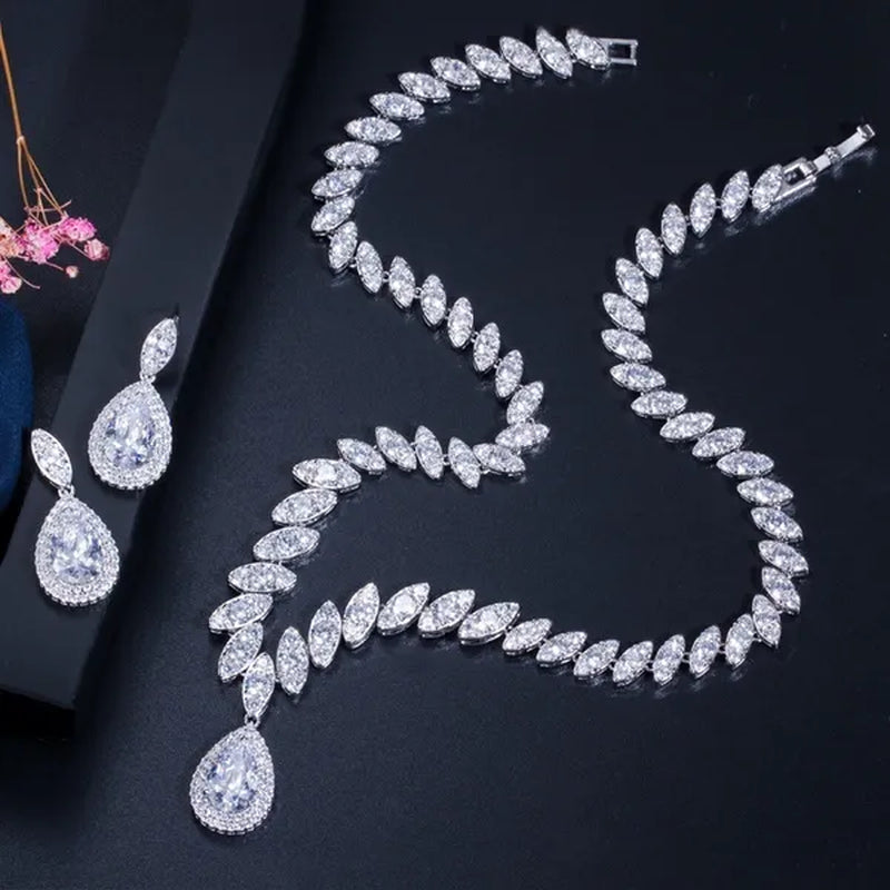 Gloriya Gorgeous Platinum Plated Party Jewelry Paved Indian Red Cubic Zirconia Crystal Big Tear Drop Necklace Earrings Set for Female Evening