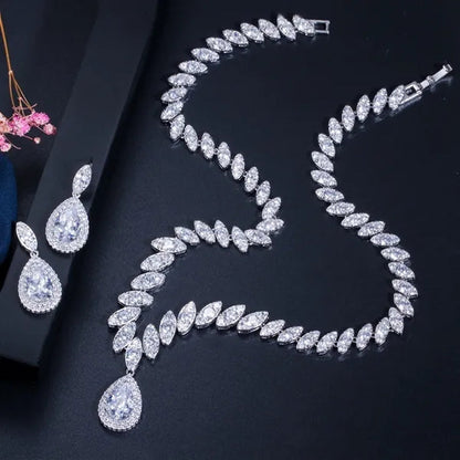 Gloriya Gorgeous Platinum Plated Party Jewelry Paved Indian Red Cubic Zirconia Crystal Big Tear Drop Necklace Earrings Set for Female Evening