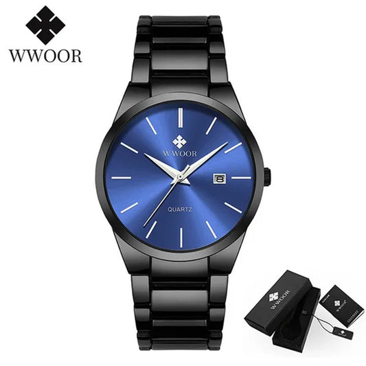 relojes hombre 2020 WWOOR Gold Watch Men Luxury Mens Quartz Wristwatch Business Watch Stainless Steel Waterproof Auto Date Clock with gift box - WORLD TIME VISITS