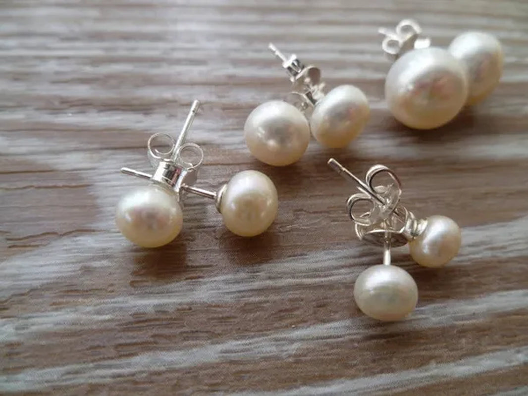 Pearl Earrings White Ivory Fresh Water Pearls 8Mm and 925 Sterling Silver