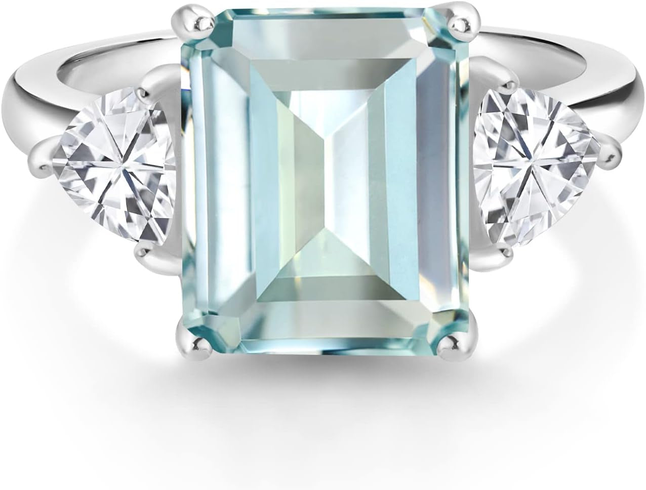 6.95 Cttw Sky Blue Simulated Aquamarine 3 Stone Engagement Ring for Women | 925 Sterling Silver | Emerald Cut 12X10MM | Trillion 5MM | Available in Size 5, 6, 7, 8, 9