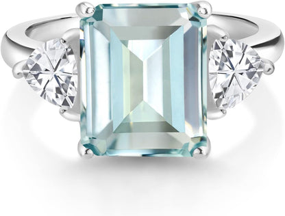 6.95 Cttw Sky Blue Simulated Aquamarine 3 Stone Engagement Ring for Women | 925 Sterling Silver | Emerald Cut 12X10MM | Trillion 5MM | Available in Size 5, 6, 7, 8, 9