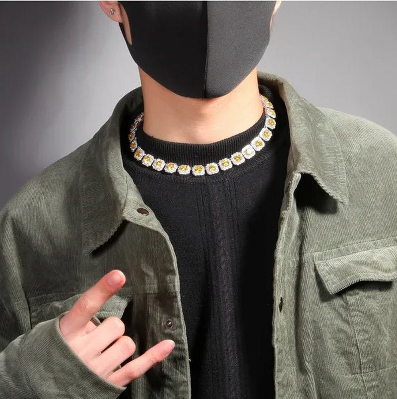 Hip-hop Copper Inlaid Zircon Crystal Sugar Necklace Hipster Personality Pink Yellow Diamond Necklace for Men and Women with The Same Paragraph