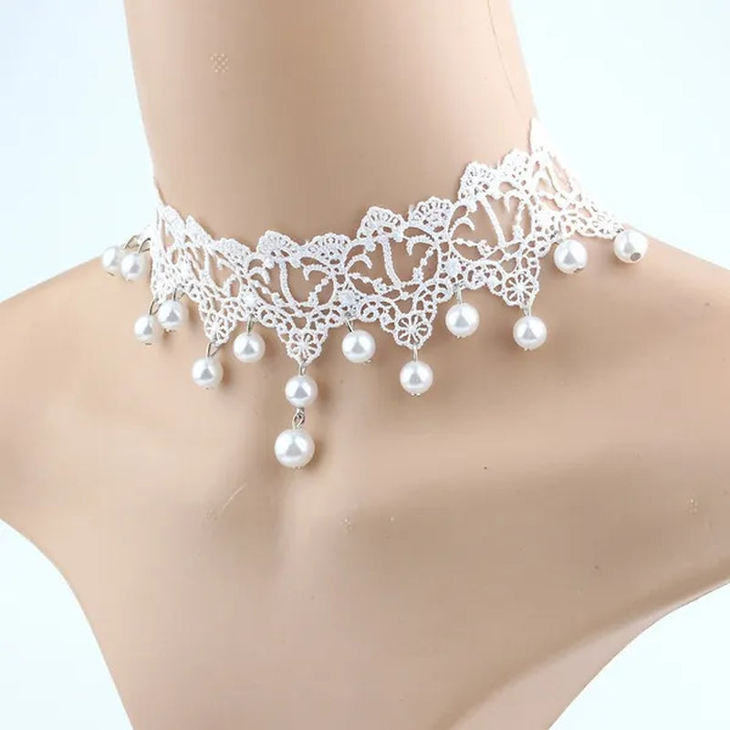 White Lace Necklace Chokers Black Collares Vintage Style Female Gothic Wedding Red Rose Crystal Diamond Pendant Collarbone Necklaces Chain Accessories for Women Girls