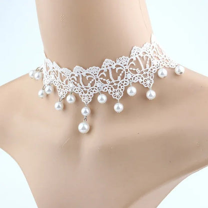White Lace Necklace Chokers Black Collares Vintage Style Female Gothic Wedding Red Rose Crystal Diamond Pendant Collarbone Necklaces Chain Accessories for Women Girls