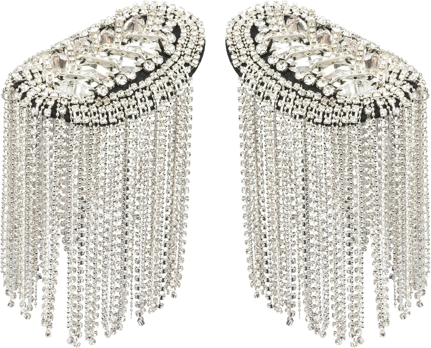 2 Pieces Tassel Epaulets Metal Fashion Shoulder Jewelry Rhinestones Cloth Accessories Brooches for Women, 2×3.7In (Silver)