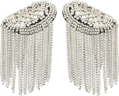 2 Pieces Tassel Epaulets Metal Fashion Shoulder Jewelry Rhinestones Cloth Accessories Brooches for Women, 2×3.7In (Silver) - WORLD TIME VISITS