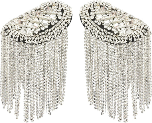 2 Pieces Tassel Epaulets Metal Fashion Shoulder Jewelry Rhinestones Cloth Accessories Brooches for Women, 2×3.7In (Silver) - WORLD TIME VISITS