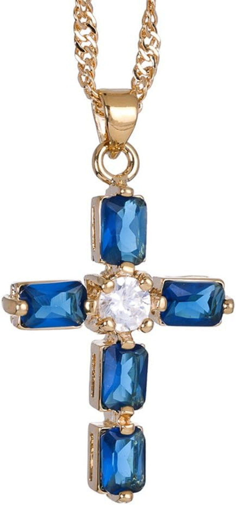 Cross Pendant with 18" Chain & Rectangular Cut CZ [6 Colors Available] in Yellow Gold Plated, Simple Modern Elegant - WORLD TIME VISITS