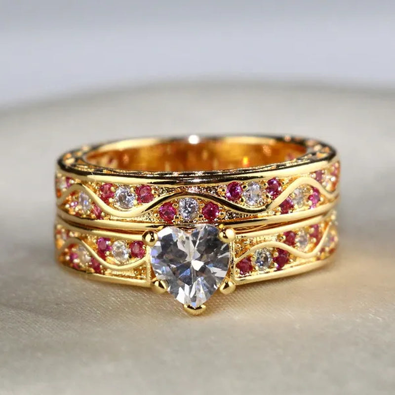 Sz 6-9 Cocktail Ring Champagne Gold Heart Zircon Ruby Women's Wedding Ring Engagement Ring Sets