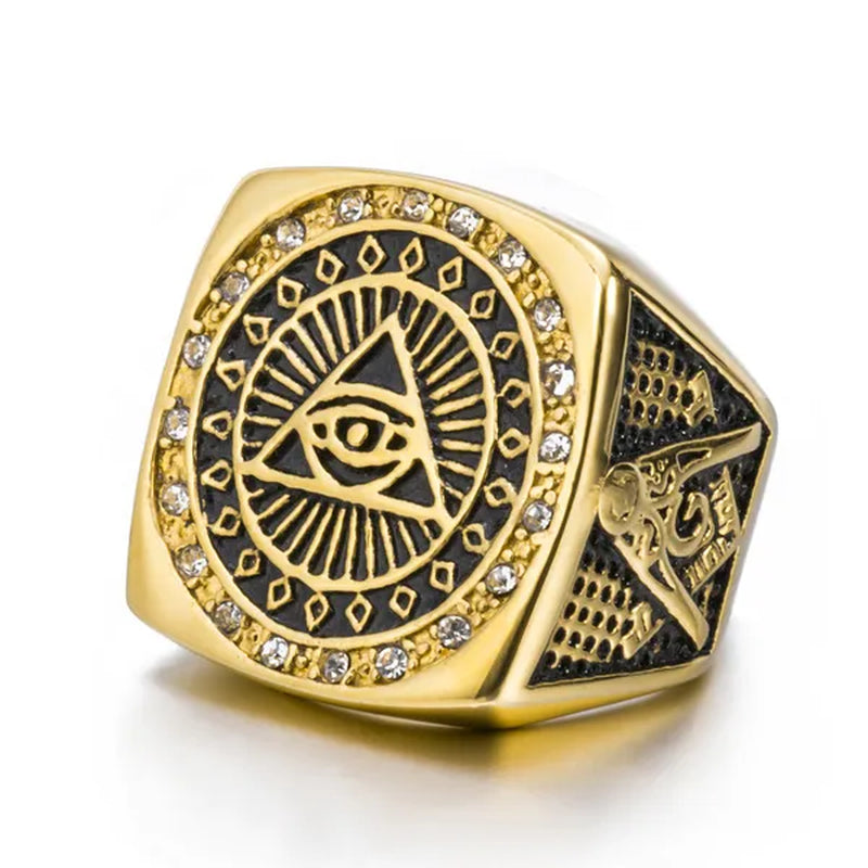 Mens Stainless Steel Gold Ring Czs Illuminati the All-Seeing-Eye Eye of Providence Symbol Hip Hop Jewelry Size 8-13