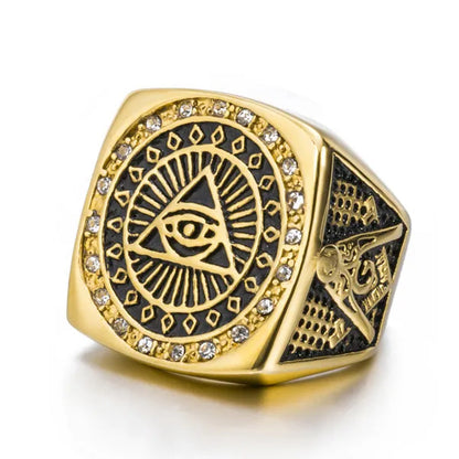 Mens Stainless Steel Gold Ring Czs Illuminati the All-Seeing-Eye Eye of Providence Symbol Hip Hop Jewelry Size 8-13