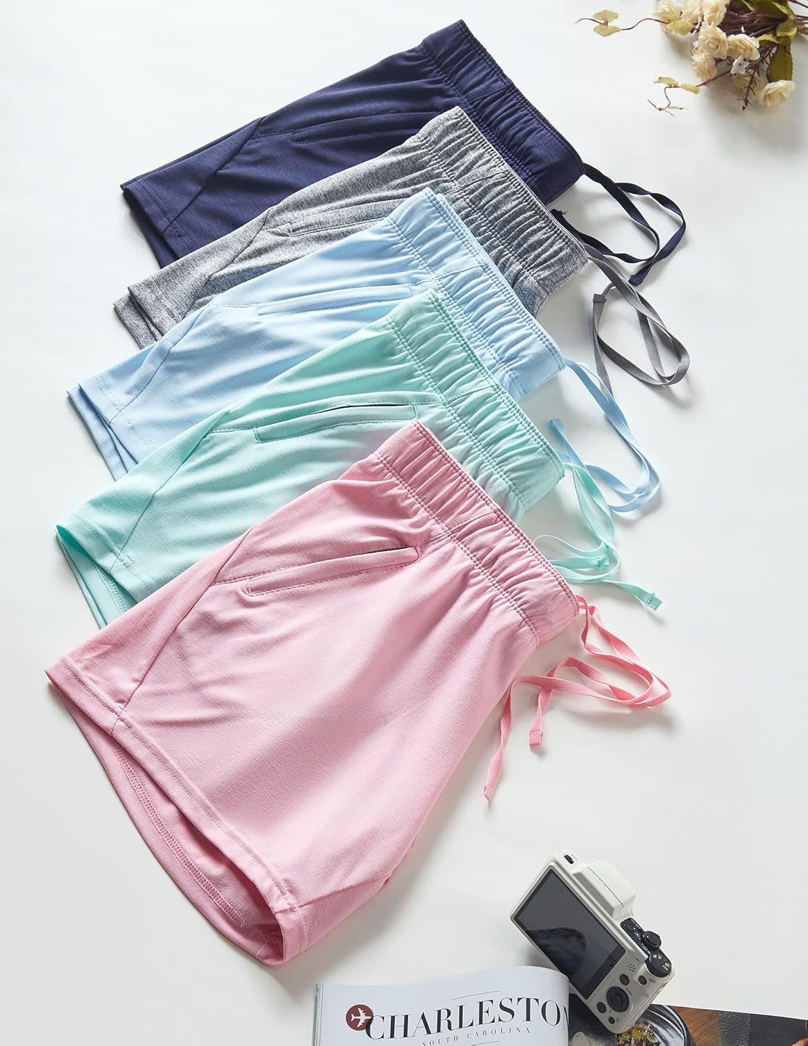 5 Pack: Womens Workout Gym Shorts Casual Lounge Set, Ladies Active Athletic Apparel with Zipper Pockets