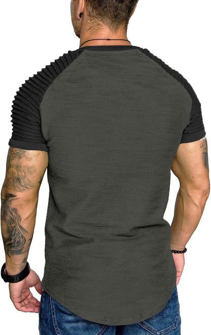 Men'S Muscle T-Shirt Pleated Raglan Sleeve Bodybuilding Gym Tee Short Sleeve Fashion Workout Shirts Hipster Shirt