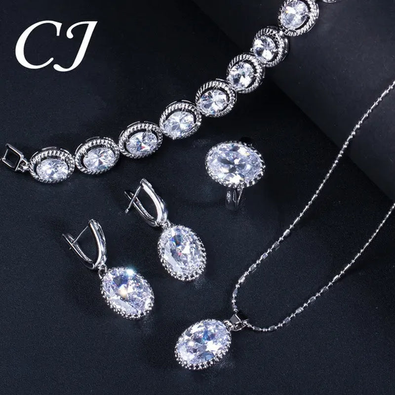 CANDICE European Clear Oval CZ Stone Necklace Earrings Tennis Bracelet Ring for Women Fashionable Sterling Silver Plated Plated Party Jewelry Set