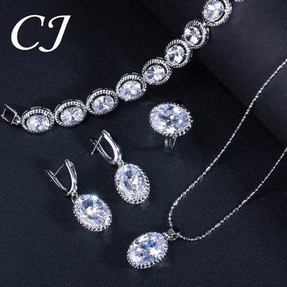 CANDICE European Clear Oval CZ Stone Necklace Earrings Tennis Bracelet Ring for Women Fashionable Sterling Silver Plated Plated Party Jewelry Set