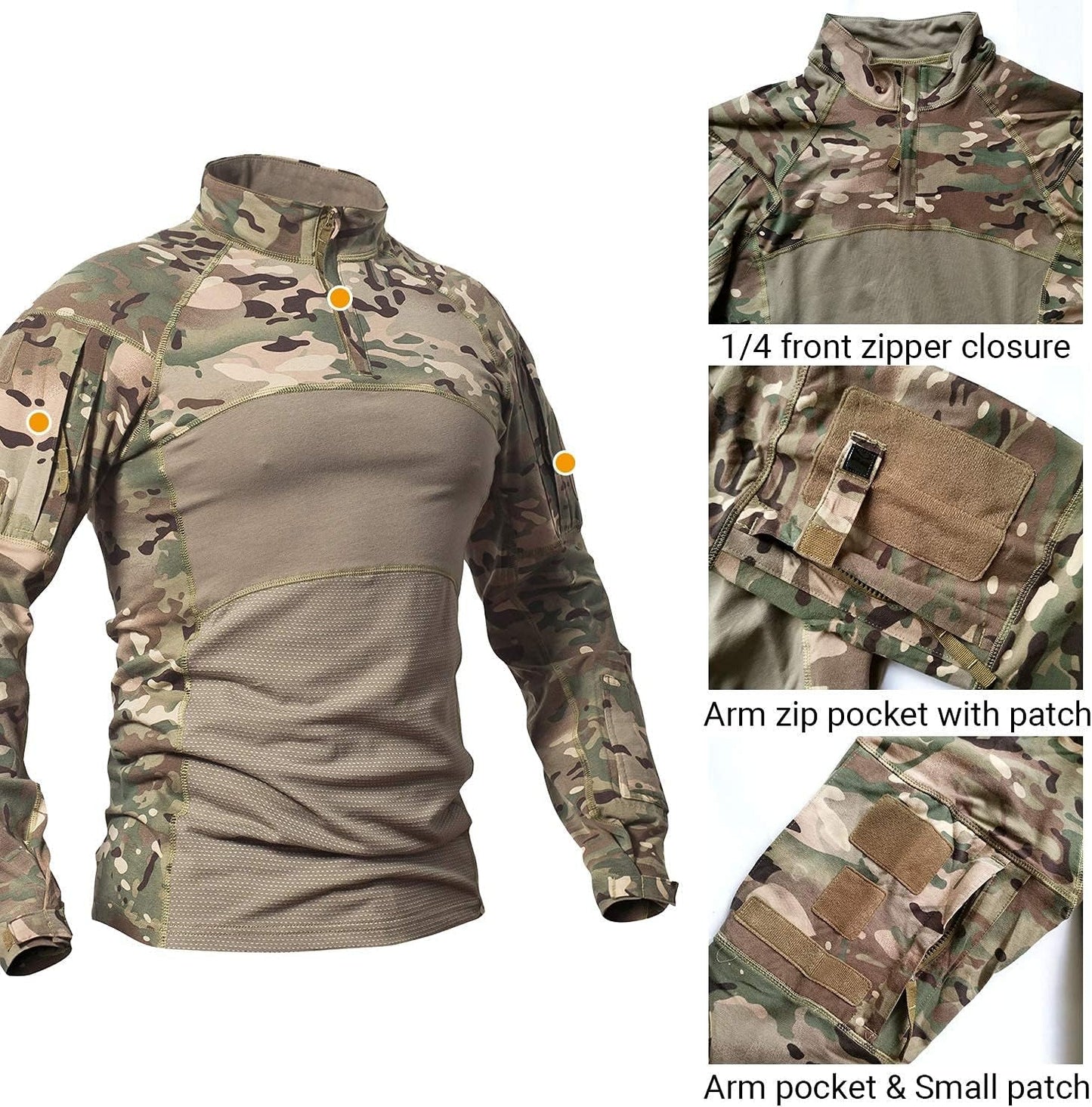 Men'S Tactical Military Combat Shirt Long Sleeve Cotton Camo T Shirt with Zipper