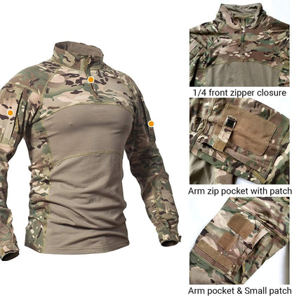 Men'S Tactical Military Combat Shirt Long Sleeve Cotton Camo T Shirt with Zipper