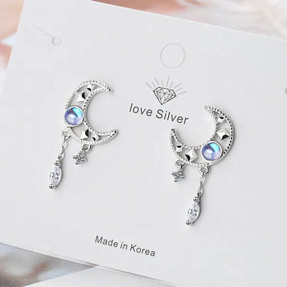 925 Sterling Silver Hollow Moon Zircon Tassel Dangle Earring Elegant Colorful Moonstone Earring for Women Jewelry