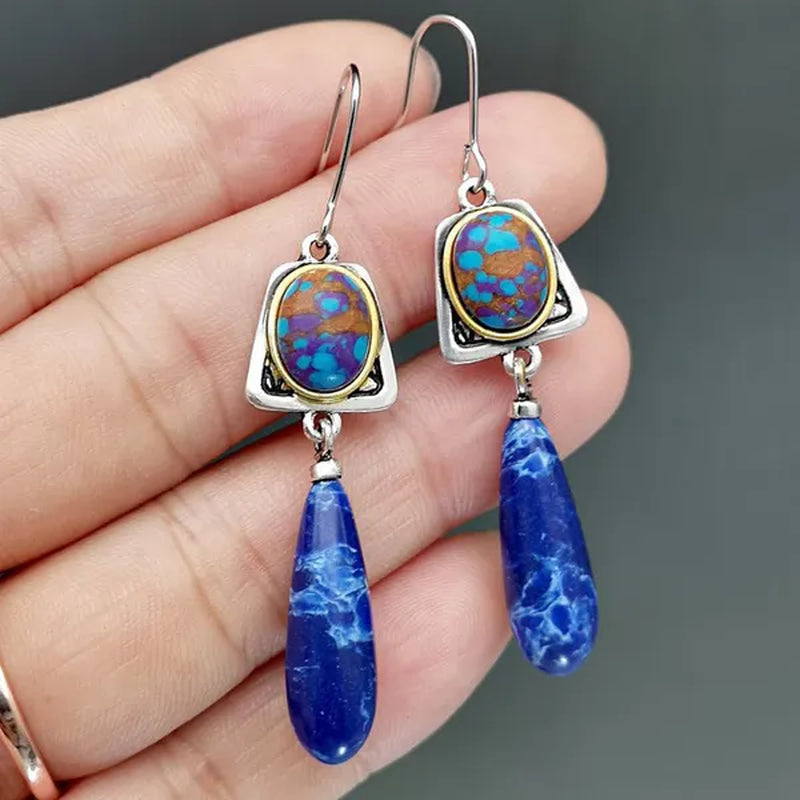 Exquisite Retro Bohemian Earrings Silver Plated Blue Stone Dangle Hook Earrings Bridal Wedding and Engagement Anniversary Gift Jewelry Earrings for Women - WORLD TIME VISITS