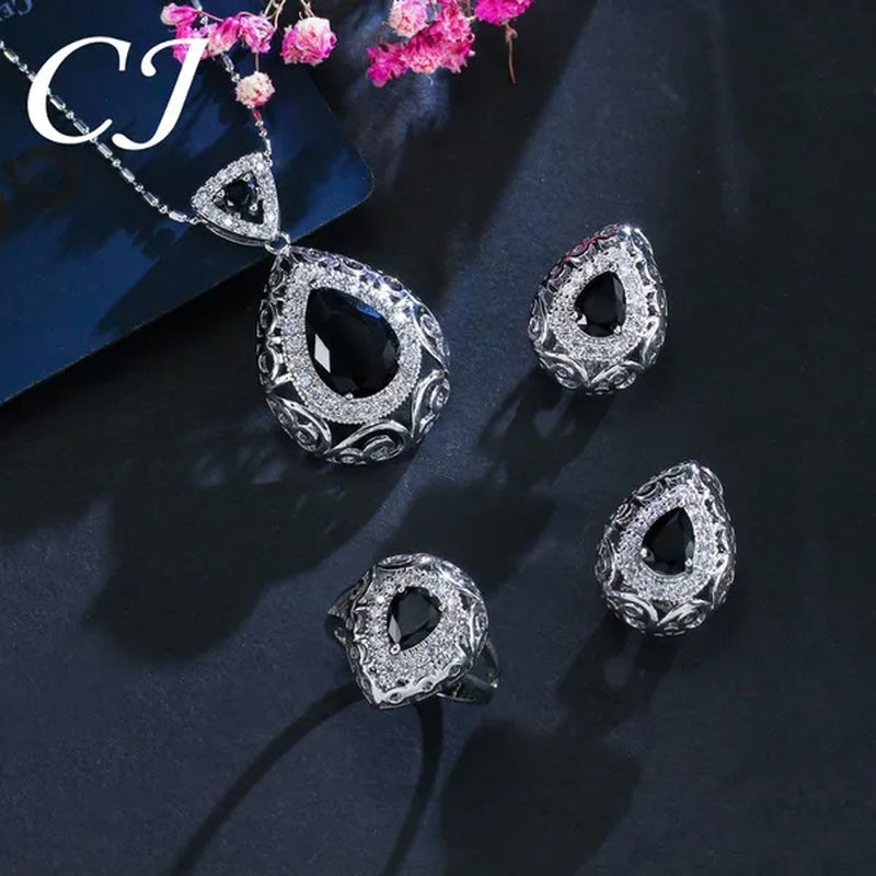 CANDICE Elegant Stamp Sterling Silver Plated Women Jewelry Set Pear Drop Red Cubic Zirconia Necklace Earring Ring 3Pcs Sets