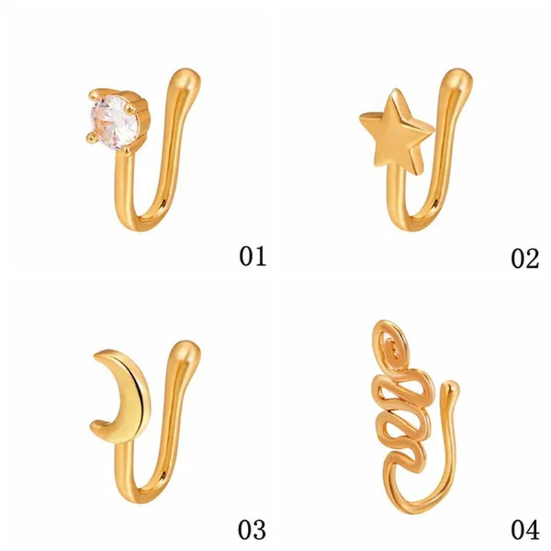 1 PC Crystal Diamond Zircon Star Heart Moon Fake Piercing Nose Ring Copper Spiral Non Piercing Clip on Nose Ring Ear Clips Cuff Fashion Body Jewelry