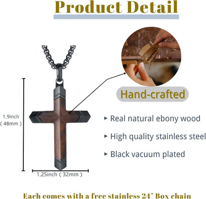 Cross Necklace for Men, Real Ebony Wooden Mens Cross Necklace Black Stainless Steel Christian Handmade Wood Pendant for Men, 24 Inch Box Chain - WORLD TIME VISITS