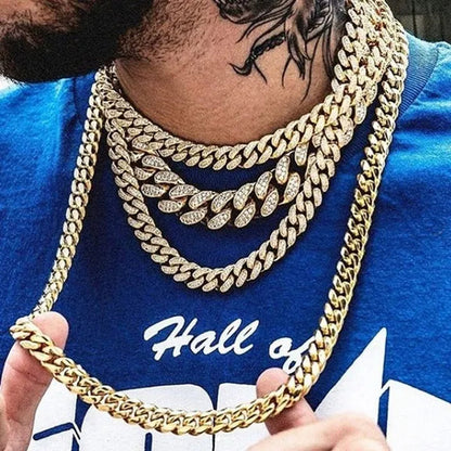 2022 New Gold/Silver Titanium Steel Chain Full Diamond Miami Cuban Link Necklace Men Punk Necklace
