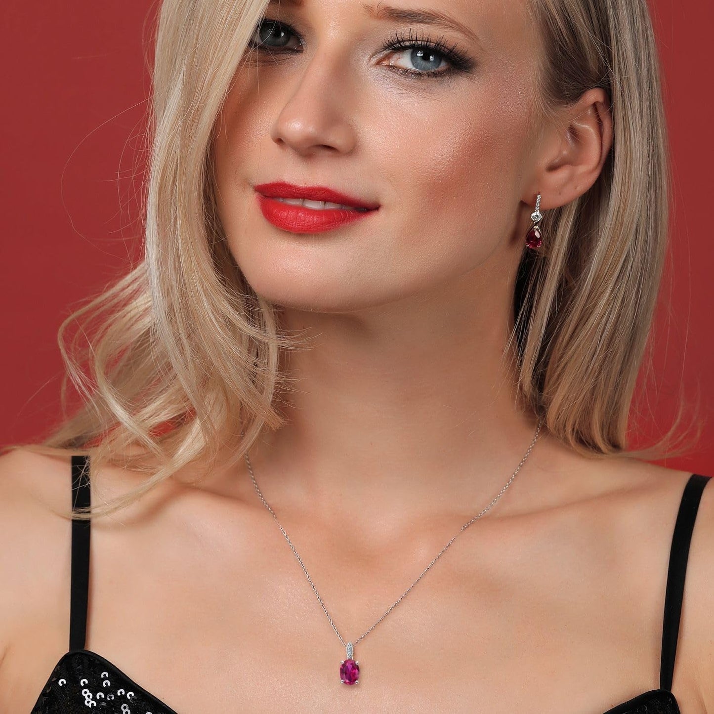 10K White Gold Oval 9X7MM Gemstone Birthstone and Diamond Pendant Necklace for Women with 18 Inch Gold Chain