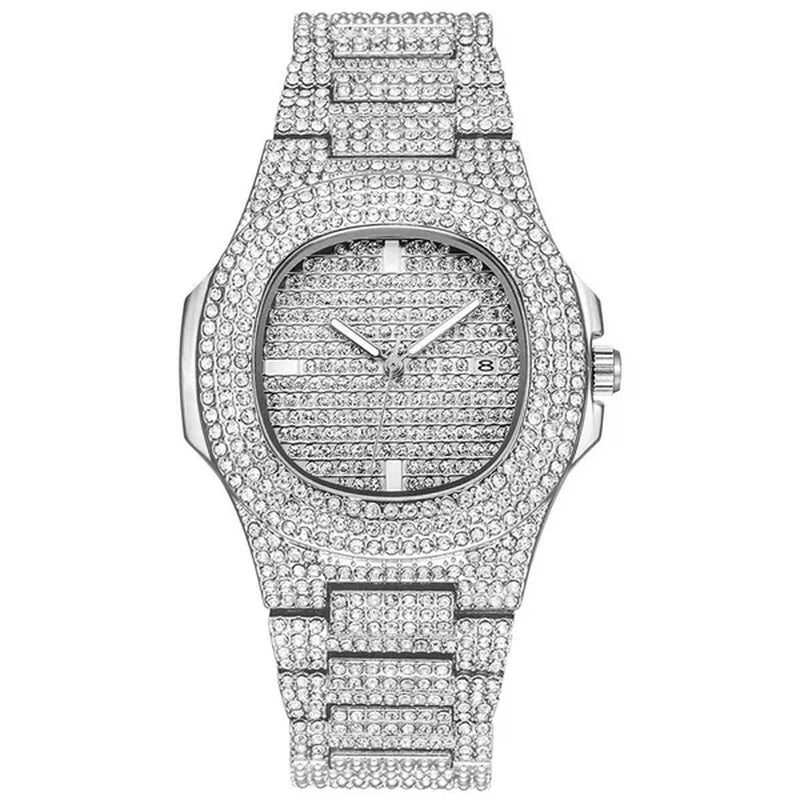 Iced Out Watch 18K Gold Diamond Miami Cuban Chain Link Choker Hip Hop Jewelry Gold Chain for Men Necklace Bracelet Ring Set