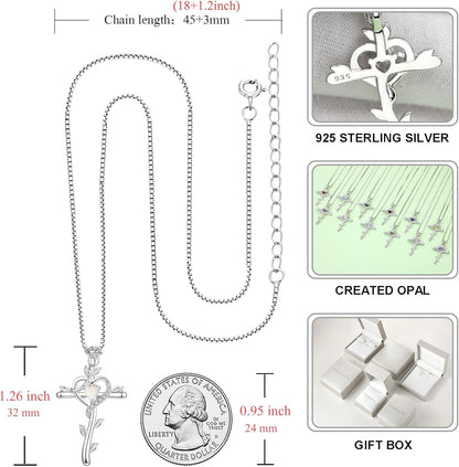Rose Cross Necklace 925 Sterling Silver Heart Crucifix Pendant Birthstones Jewelry for Women