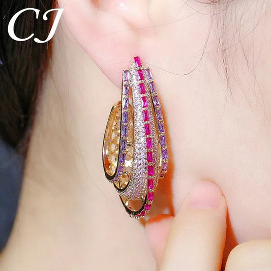 CANDICE Dubai Luxury Trendy Ear Jewelry Full Micro Pave Rose Red Purple CZ Crystal Hollow-out Design Arc Hoop Earrings for Dinner Party - WORLD TIME VISITS