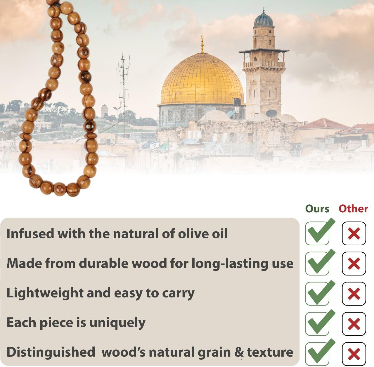 Masbaha 33 Beads Olive Wood from Jerusalem Islamic Prayer Beads Tasbeeh Muslim Rosary Quran Misbaha Tespih Dhikr Beads Sibha Tasbih Beads Muslim Worry Beads Islamic Beads Islamic Gifts