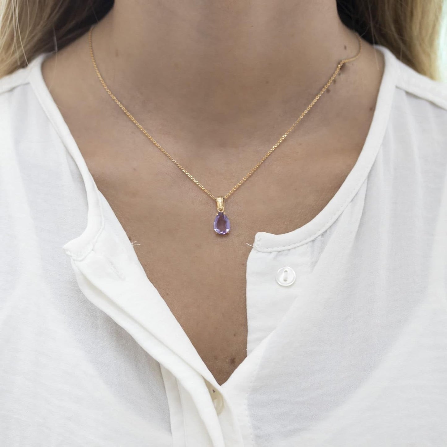 Amethyst Necklace in 14K Yellow Gold Plated - Dainty Teardrop Pendant, 7X10Mm February Birthstone Amethyst Gemstone - Handmade Bridal Wedding Jewelry for Brides and Classy Women