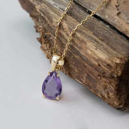 Amethyst Necklace in 14K Yellow Gold Plated - Dainty Teardrop Pendant, 7X10Mm February Birthstone Amethyst Gemstone - Handmade Bridal Wedding Jewelry for Brides and Classy Women