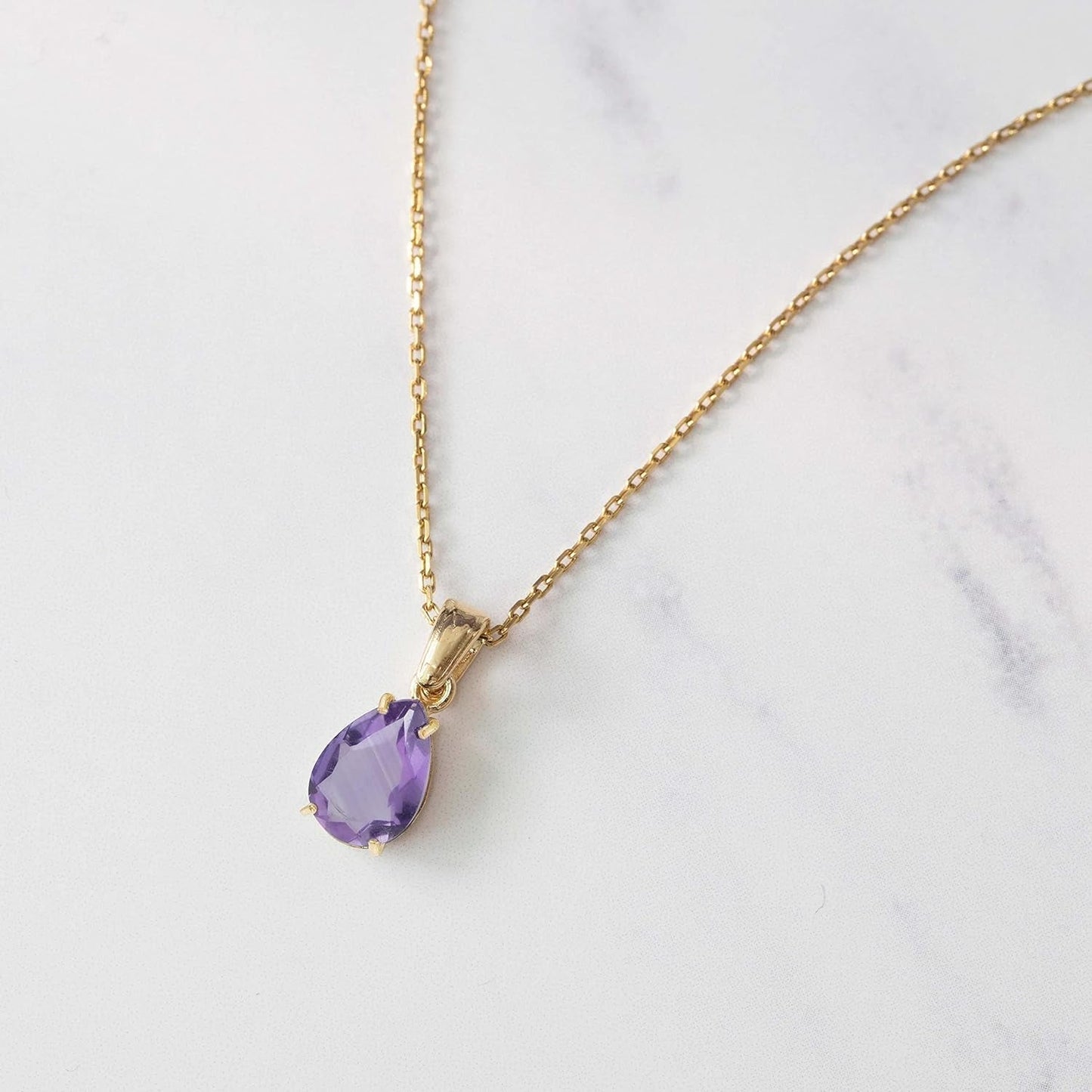 Amethyst Necklace in 14K Yellow Gold Plated - Dainty Teardrop Pendant, 7X10Mm February Birthstone Amethyst Gemstone - Handmade Bridal Wedding Jewelry for Brides and Classy Women