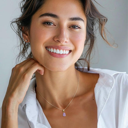 Amethyst Necklace in 14K Yellow Gold Plated - Dainty Teardrop Pendant, 7X10Mm February Birthstone Amethyst Gemstone - Handmade Bridal Wedding Jewelry for Brides and Classy Women - WORLD TIME VISITS