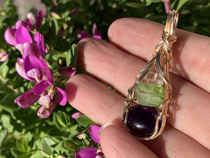 Amethyst Peridot Crystal and Herkimer Diamond Necklace Pendant Sterling Silver Detox Weight Loss Vibration Energy Dtxs1 (Gold-Filled)