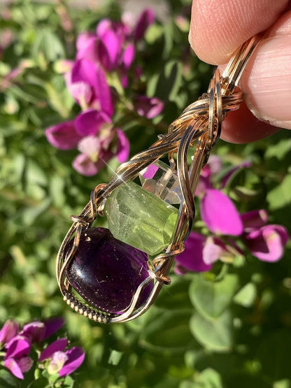 Amethyst Peridot Crystal and Herkimer Diamond Necklace Pendant Sterling Silver Detox Weight Loss Vibration Energy Dtxs1 (Gold-Filled)