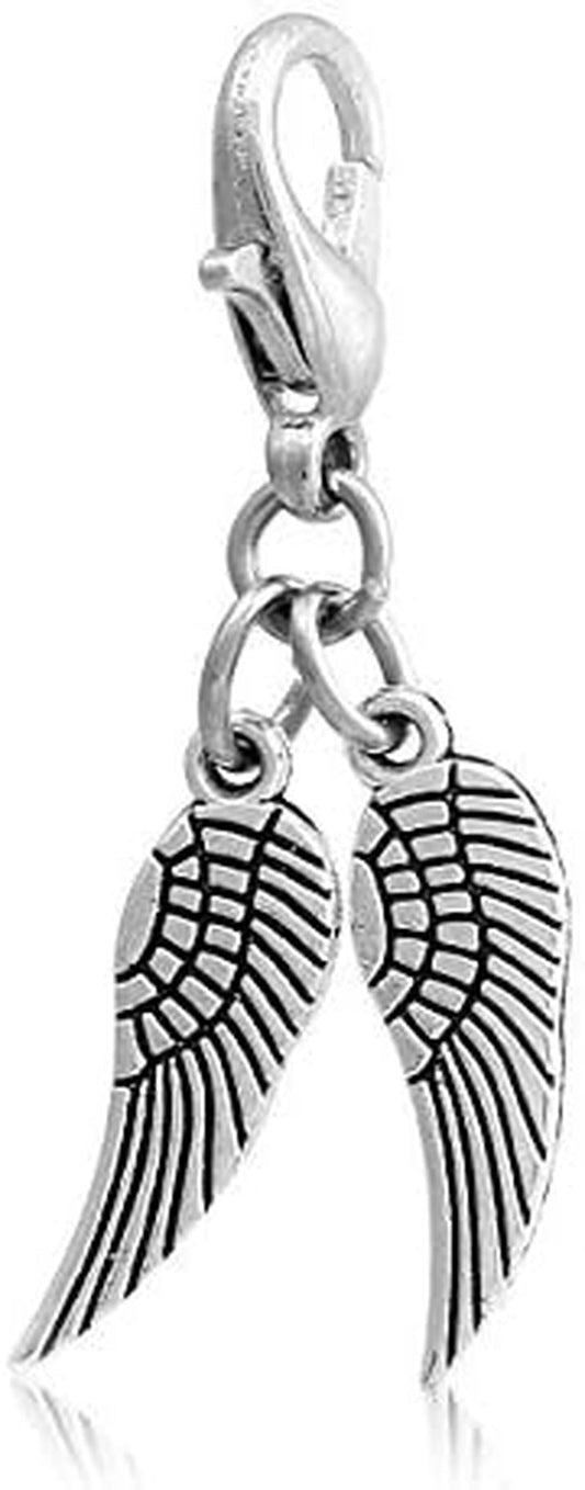 Angel Wings Clip on Charm - 10 Pack of Silver Tone Pendants with Lobster Clasp, Jewelry Making Supplies; Small 1 1/3 Inch for Bracelet, Necklace, Earrings or Arts and Crafts - WORLD TIME VISITS