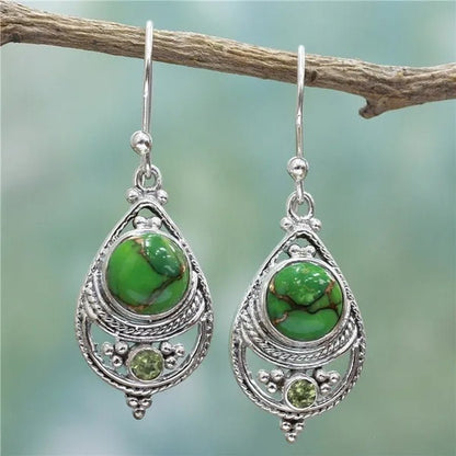 Antique 925 Sterling Silver Natural Turquoise Earrings Vintage Women Engagement Wedding Party Pendant Earrings - WORLD TIME VISITS