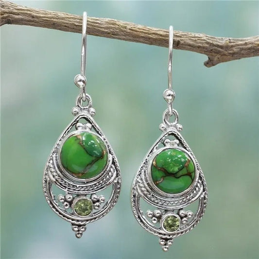 Antique 925 Sterling Silver Natural Turquoise Earrings Vintage Women Engagement Wedding Party Pendant Earrings - WORLD TIME VISITS