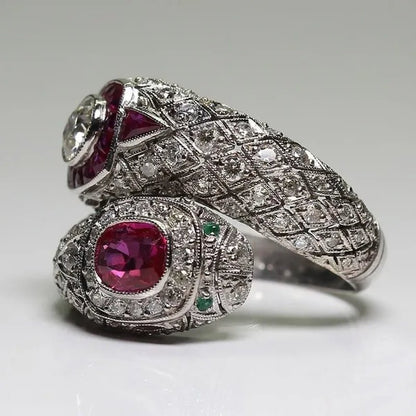 Antique Art Deco 925 Sterling Silver Ruby & White Sapphire Snake Ring Size 5 6 7 8 9 10 11 12 - WORLD TIME VISITS