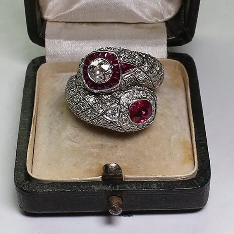 Antique Art Deco 925 Sterling Silver Ruby & White Sapphire Snake Ring Size 5 6 7 8 9 10 11 12