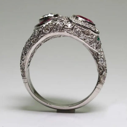 Antique Art Deco 925 Sterling Silver Ruby & White Sapphire Snake Ring Size 5 6 7 8 9 10 11 12