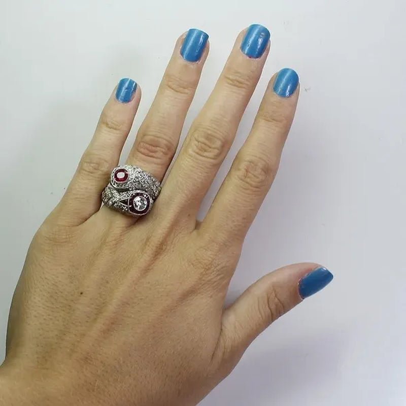 Antique Art Deco 925 Sterling Silver Ruby & White Sapphire Snake Ring Size 5 6 7 8 9 10 11 12