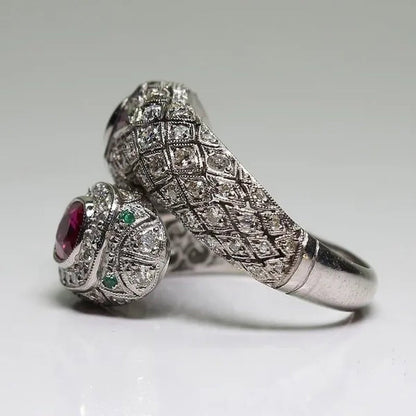 Antique Art Deco 925 Sterling Silver Ruby & White Sapphire Snake Ring Size 5 6 7 8 9 10 11 12