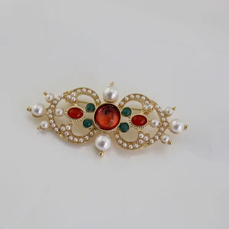 Antique Roman Engraved Baroque Byzantine Style Pearl Ruby Retro Brooches for Corsage Girl