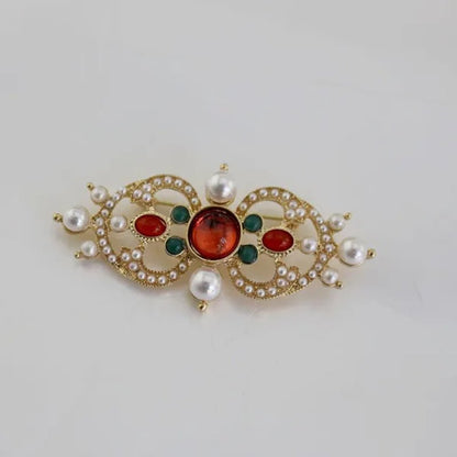 Antique Roman Engraved Baroque Byzantine Style Pearl Ruby Retro Brooches for Corsage Girl