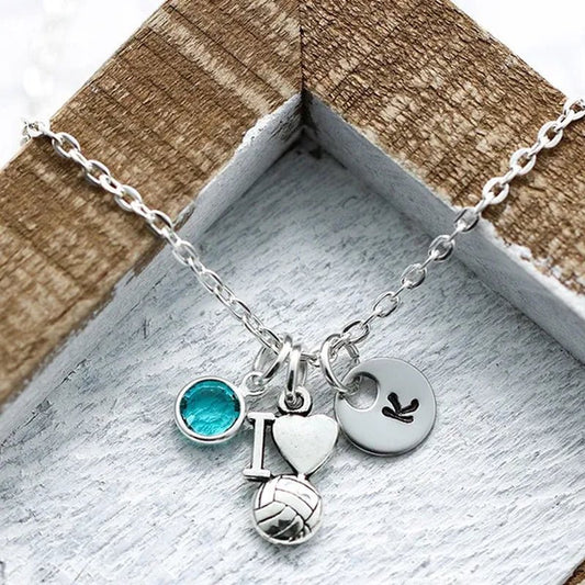Antique Silver Volleyball Necklace, Initial Charm Pendant ,Volley ball jewelry - WORLD TIME VISITS